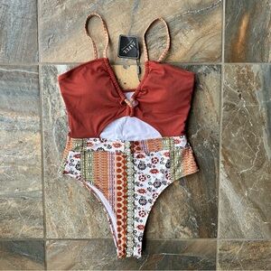 Zaful Ruched One-piece Swimsuit NWT Mix And Match Deep Coffee Ethnic Print Large